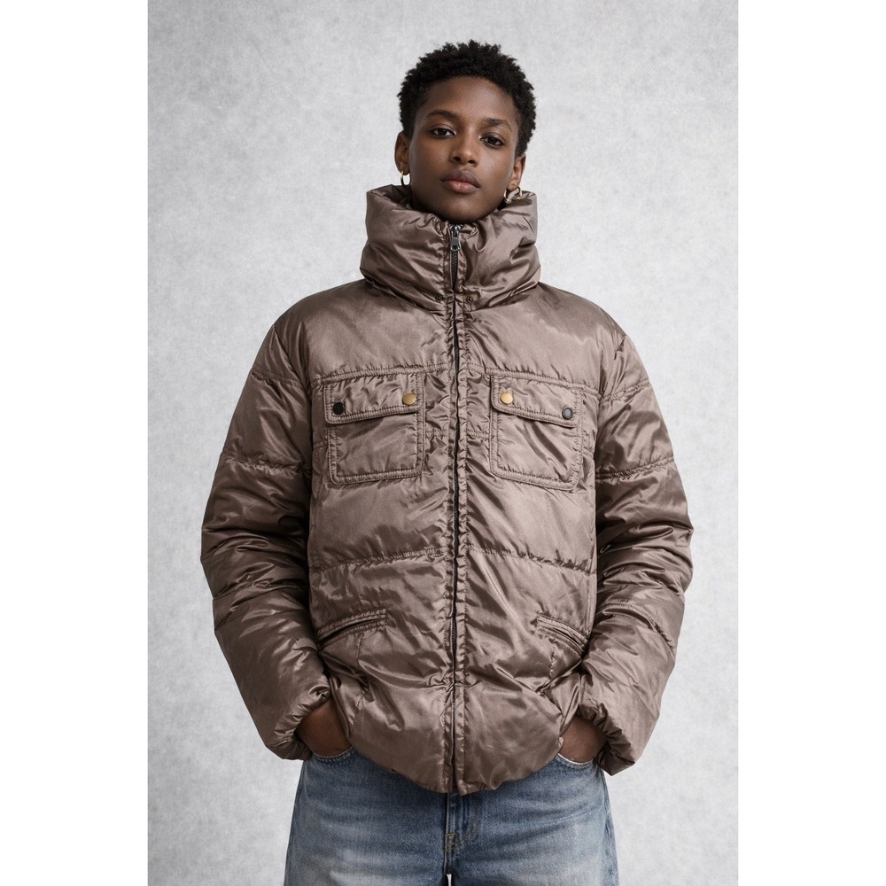 Golden Goose Womens Metallic Taupe Puffer Jacket Quilted High‎ Collar Coat L